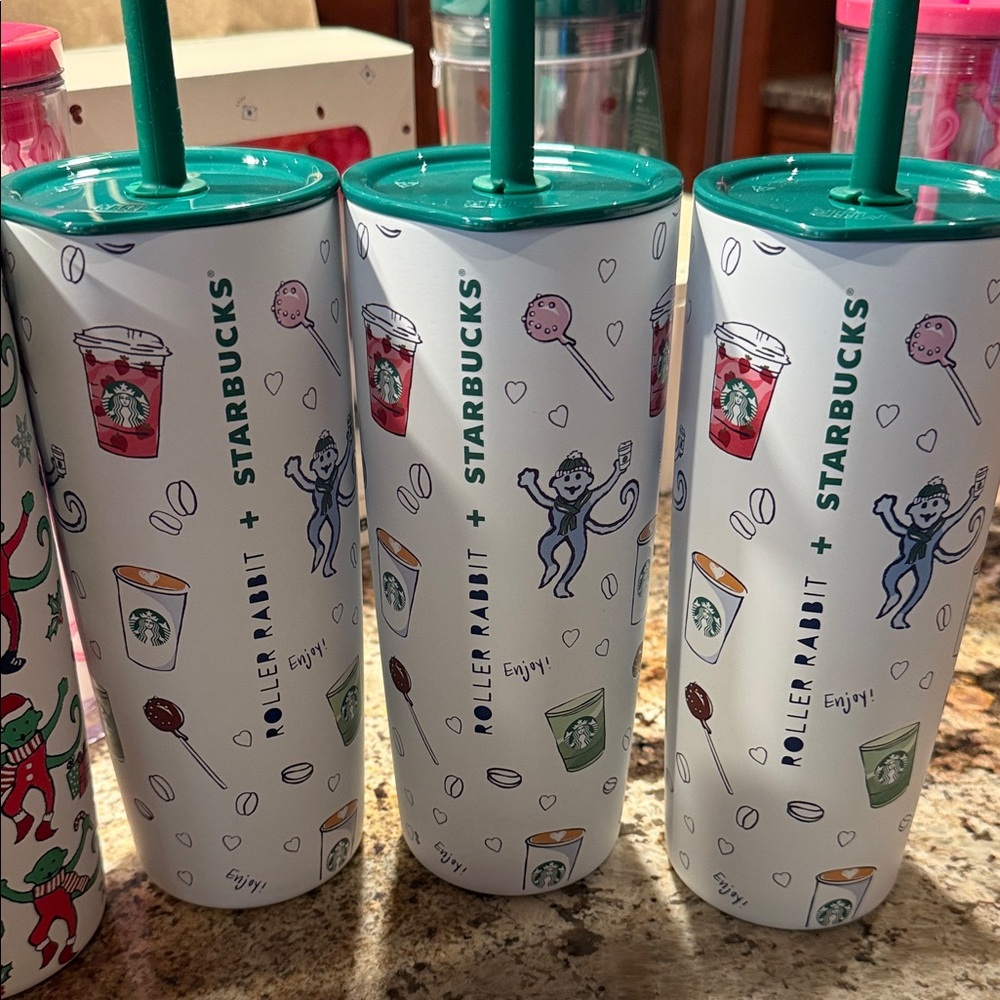 Starbucks Roller Rabbit White Tumbler with Green Straw